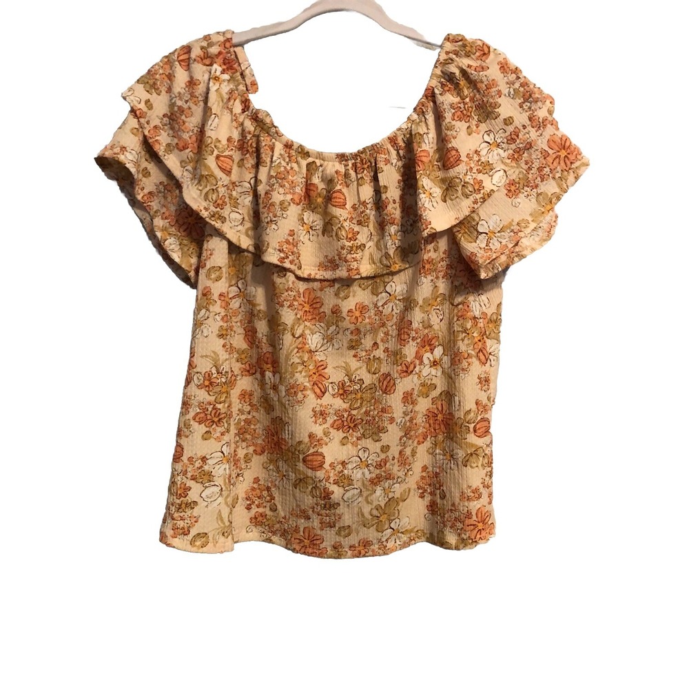 Cato Womens Blouse Large Multicolor Floral Off The Shoulder Top Shirt Ruffles